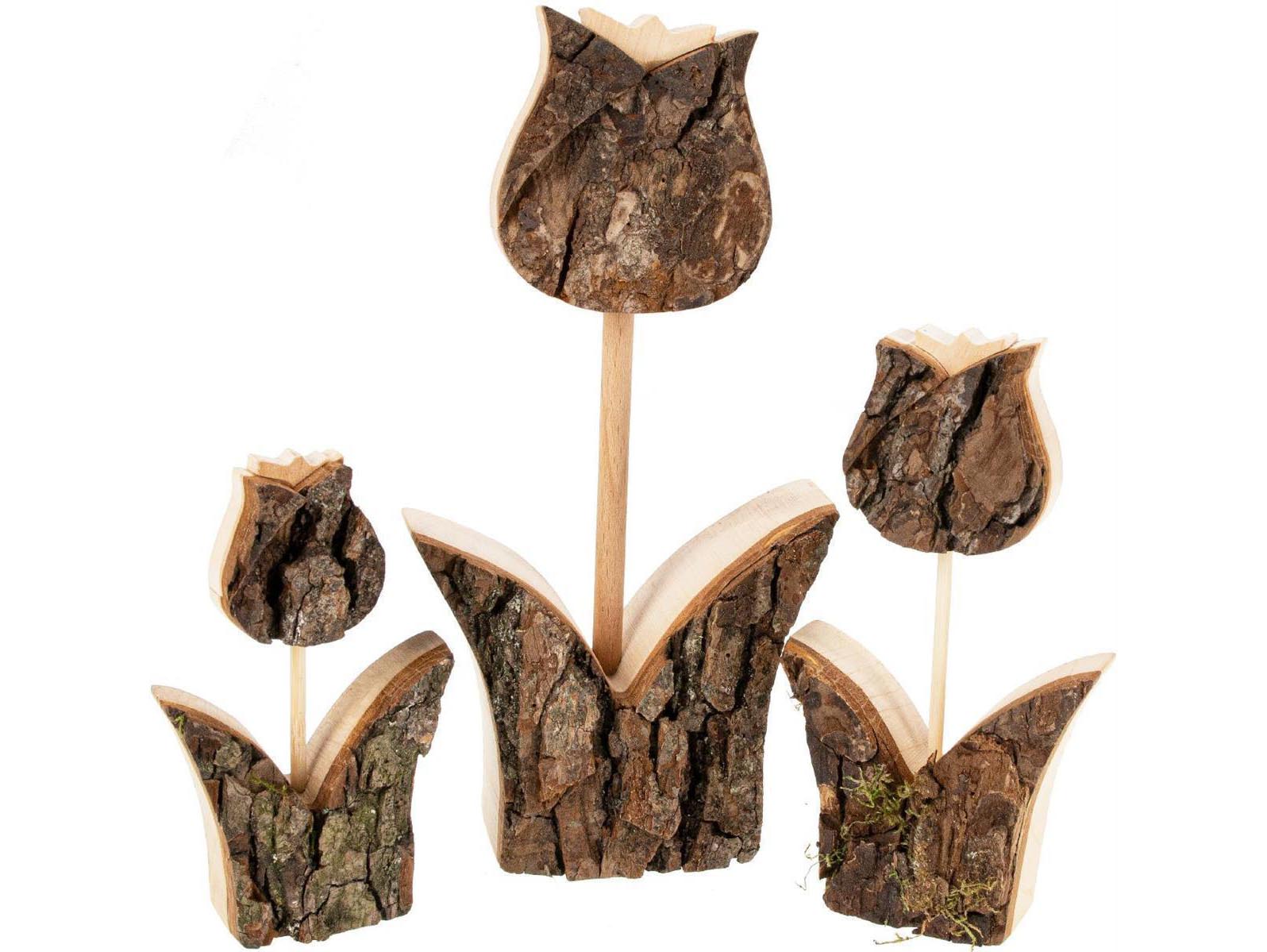 Handgefertigte Holz Tulpen aus Erle | Mit Rinde - Natürliche Holzdekoration - 15 x 3,5 cm