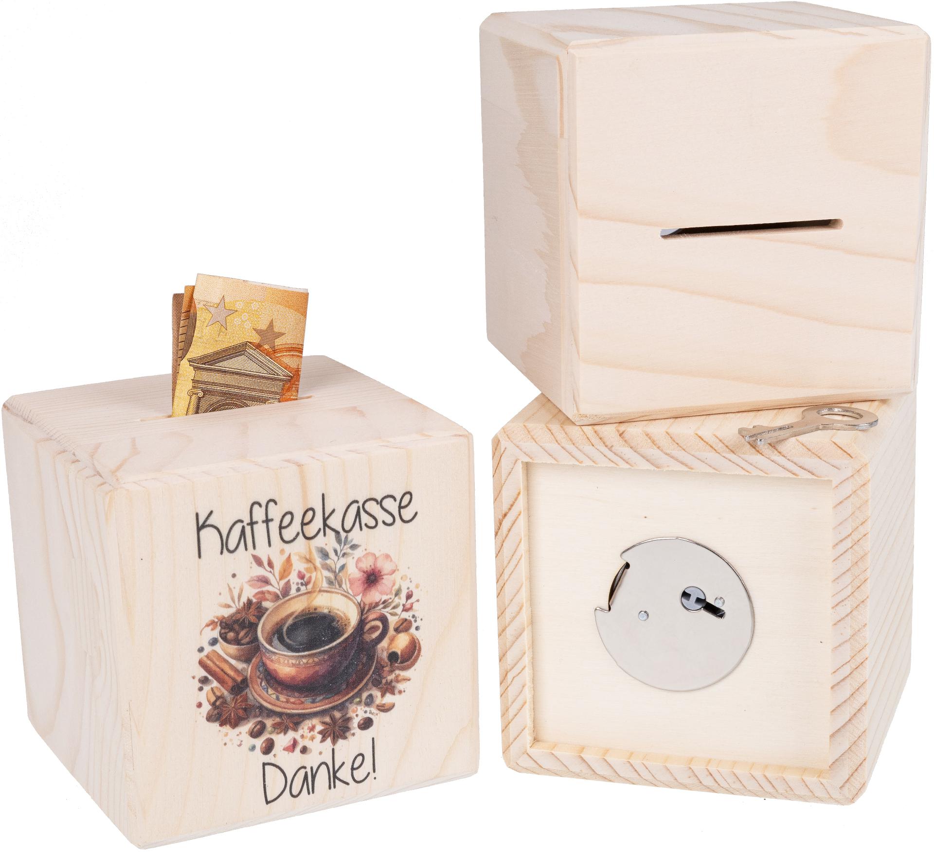 Holz Spardose Wuerfel mit Metallschloss UV Druck: Kaffeekasse mit Kaffeetasse