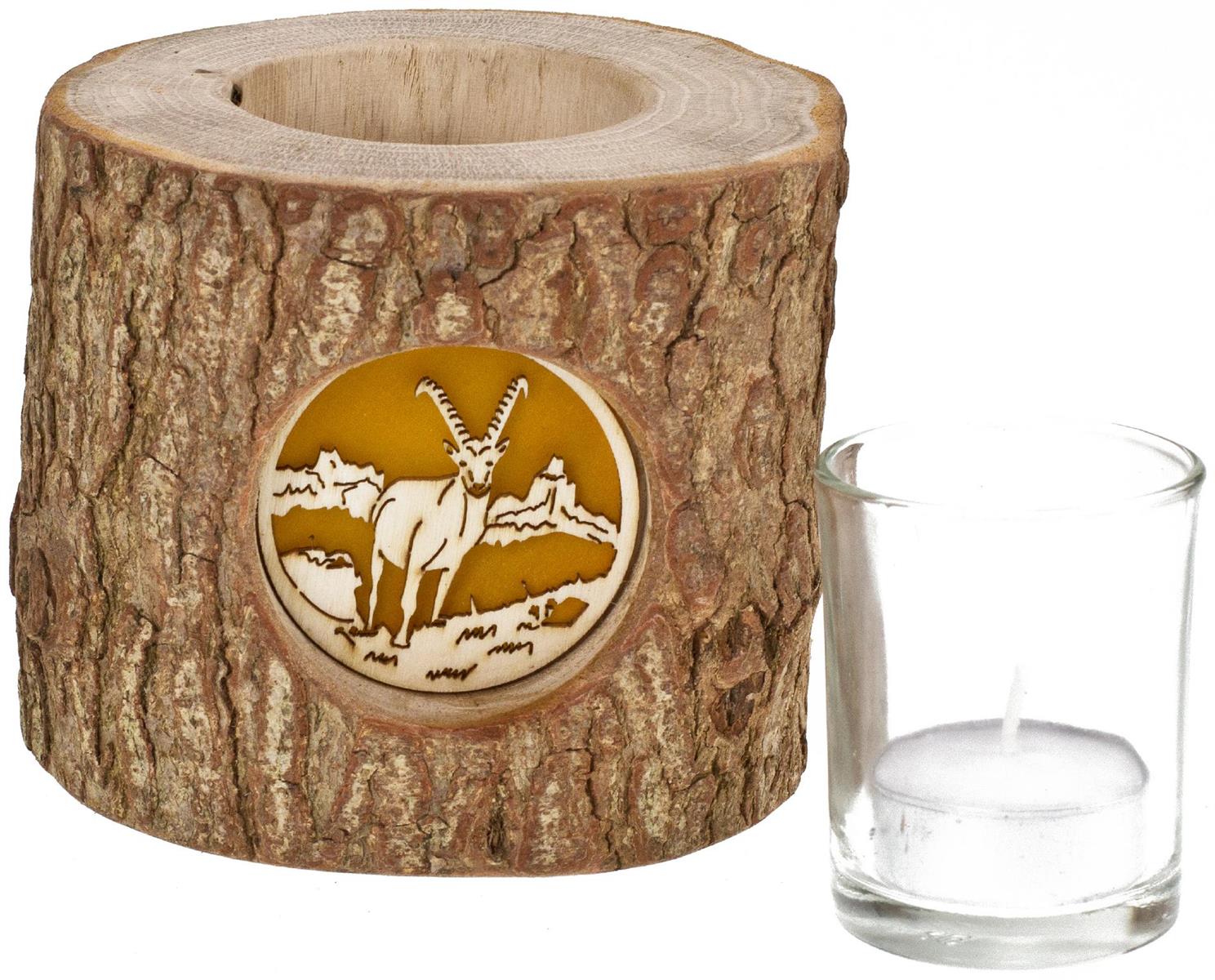 Holz Windlicht mit Rinde und hinterleuchteten Motiv Stimmungsleuchter Steinbock