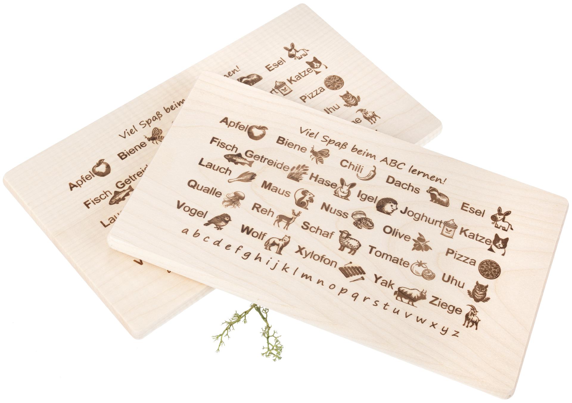 Frühstücksbrett FSC® Ahorn 26 x 15 x 1,2 cm - Alphabet ABC Lernbrett für Kinder