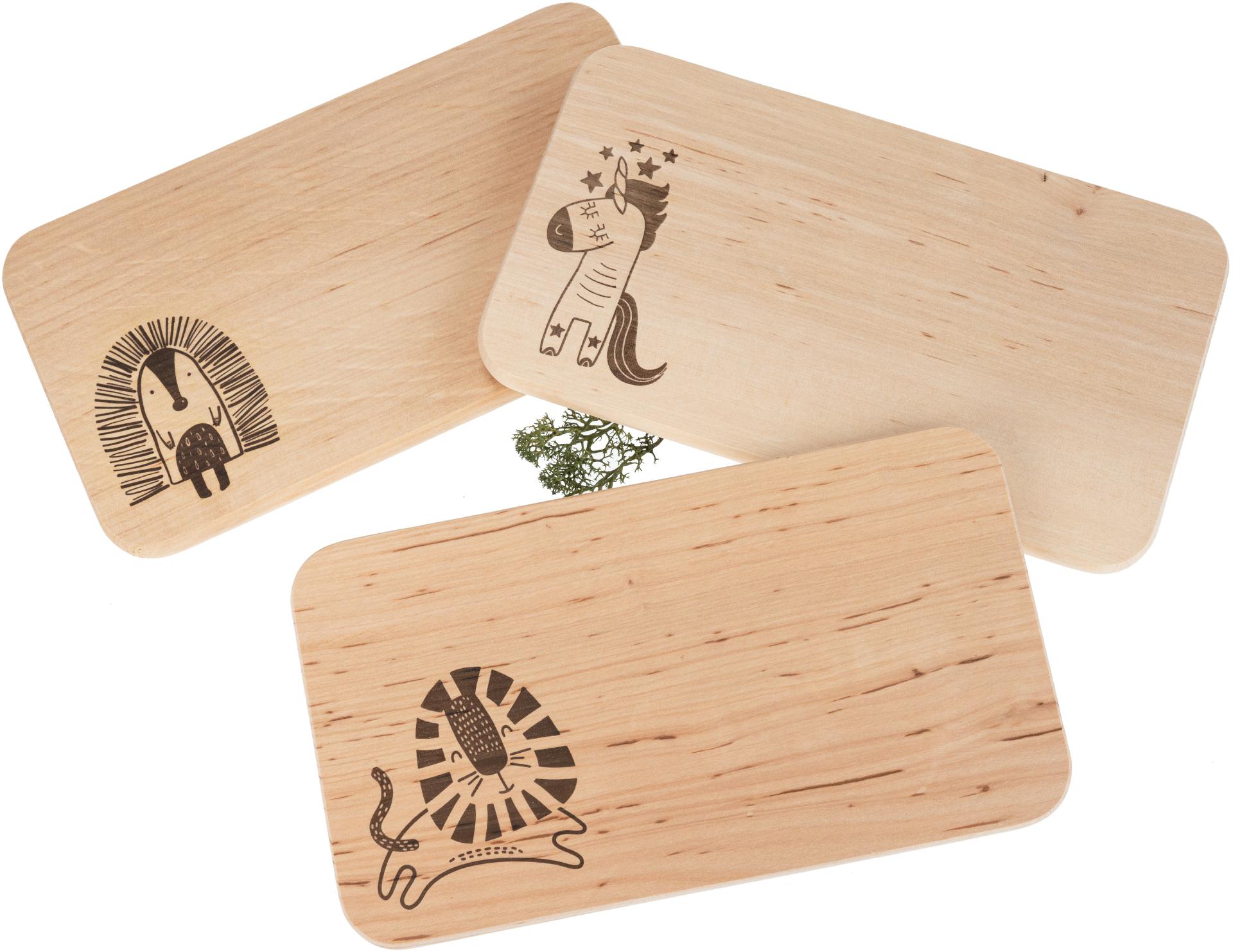 Kinder Schneidebretter 3er Set mit Tiermotiven aus FSC® Erle 22,5 x 12,5 x 1,2 cm (Löwe, Igel und Einhorn)