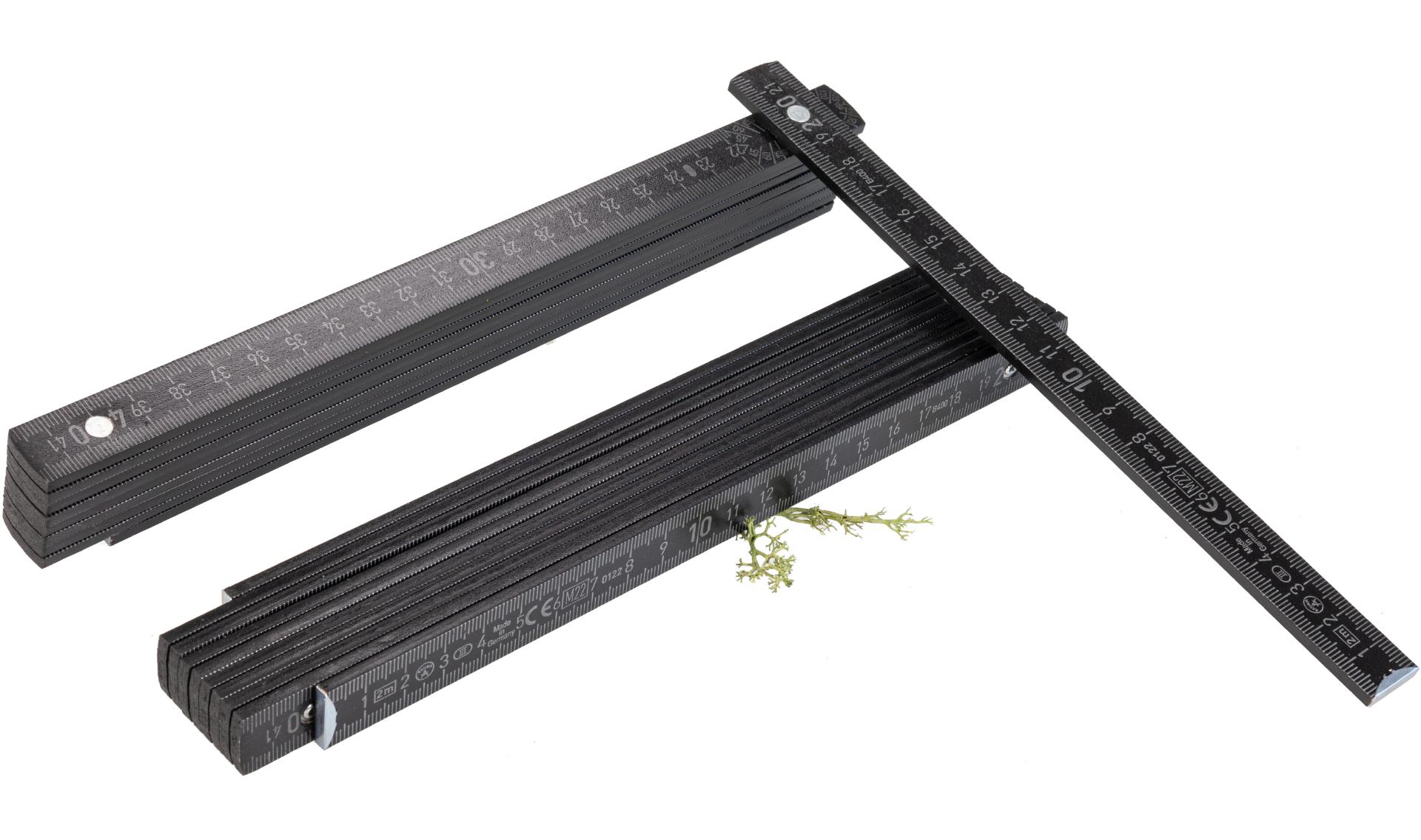2 Meter Zollstock / Meterstab - Schwarz lackiert - mit Winkelanzeige und Einrastung