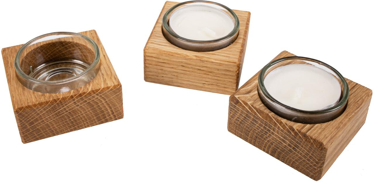 Schlichter Teelichthalter aus geoeltem Eichenholz Inklusive Glaseinsatz und Teelicht