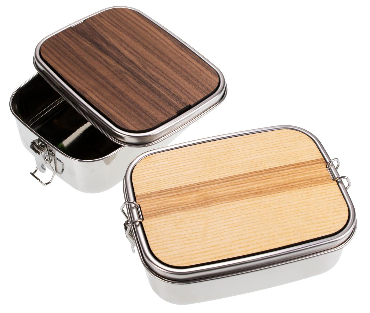 Lunchbox aus Edelstahl und Holz mit individueller Gravur Wander Brotbox mit Namen