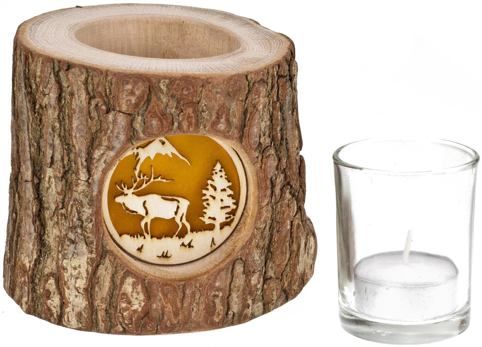 Holz Windlicht mit Rinde und hinterleuchteten Motiv Stimmungsleuchter Hirsch