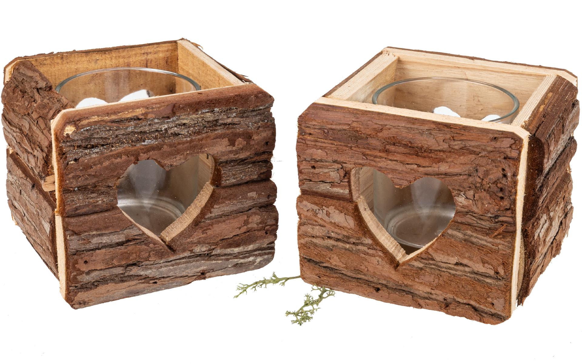 Rustikales Holz Windlicht mit Rinde - 11 x 11 cm für gemütliche Atmosphäre Herz