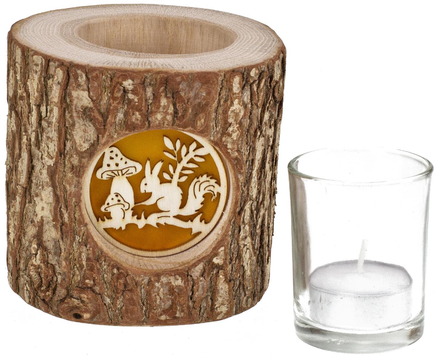 Holz Windlicht mit Rinde und hinterleuchteten Motiv Stimmungsleuchter Eichhoernchen