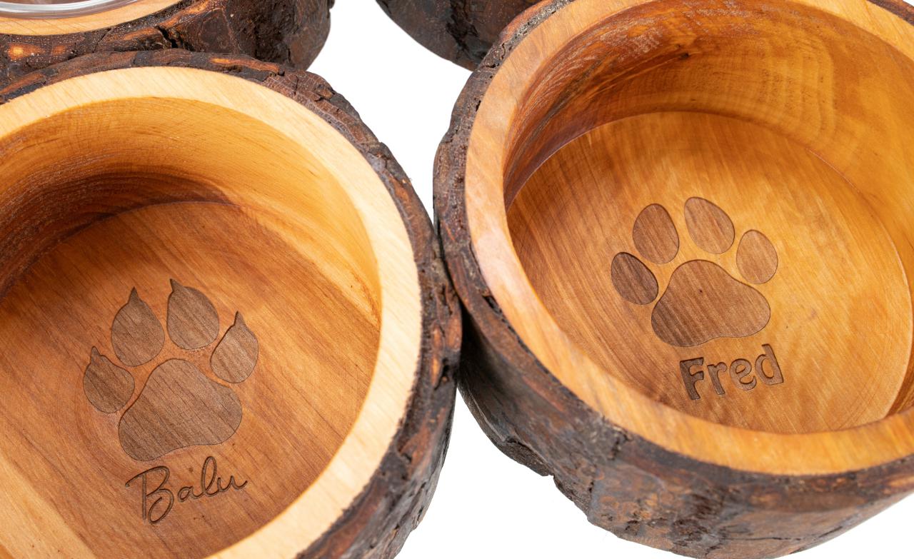 Handgefertigter Holz-Futternapf für Hund oder Katze mit Glaseinsatz
