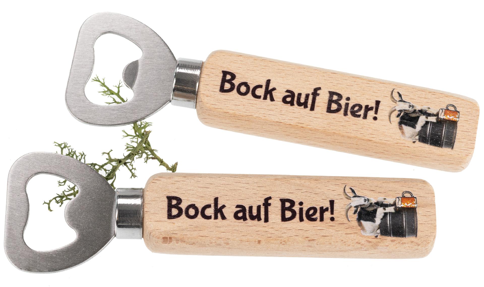 Flaschenöffner aus FSC® Buche mit Druck: Bock auf Bier!