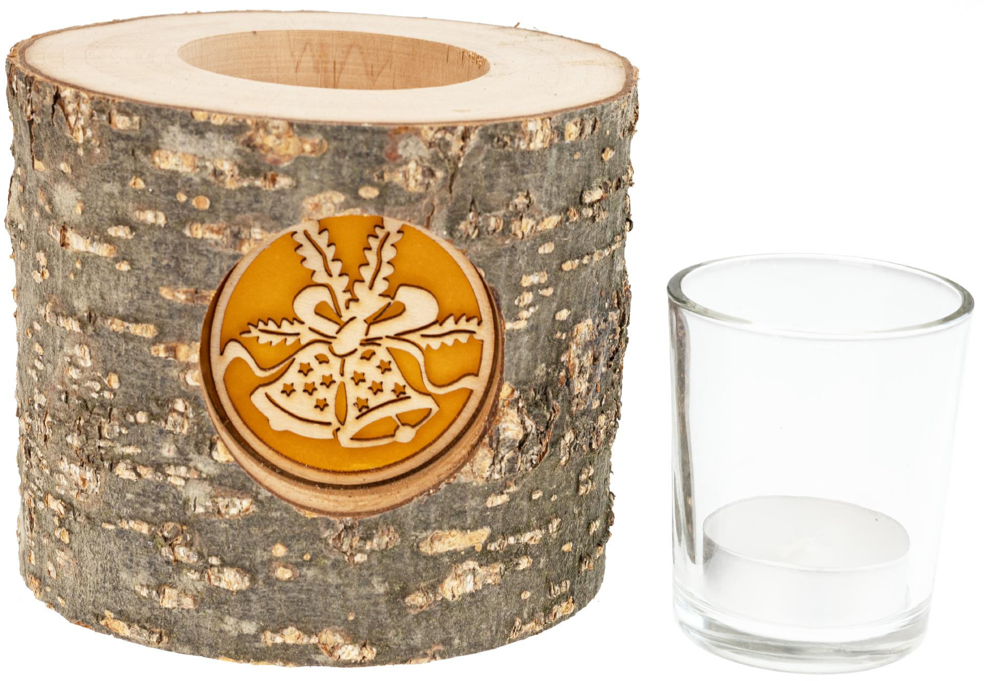 Holz Windlicht mit Rinde und hinterleuchteten Motiv Stimmungsleuchter Glocken