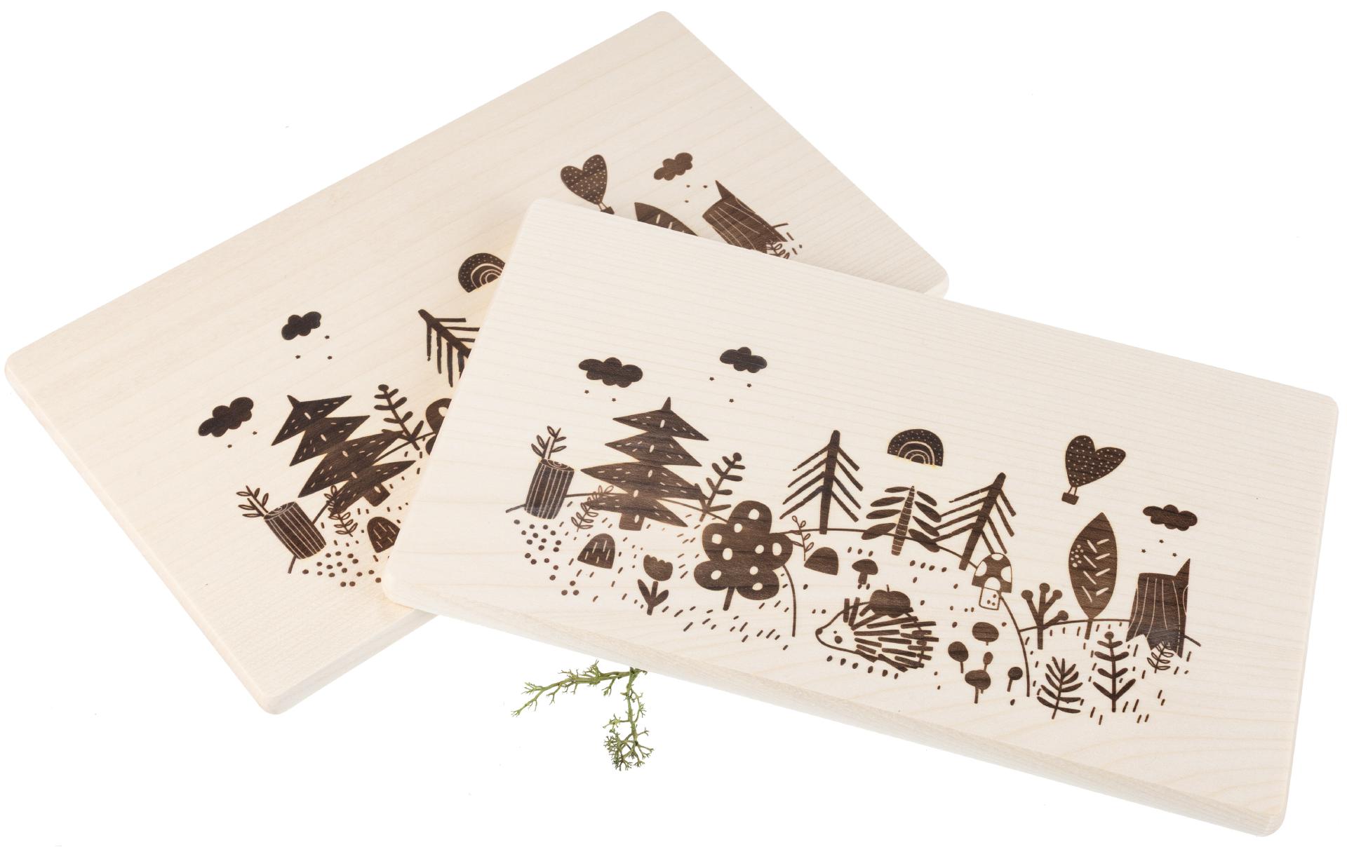 Frühstücksbrett FSC® Ahorn 26 x 15 x 1,2 cm - Wald Kindermotiv mit Igel