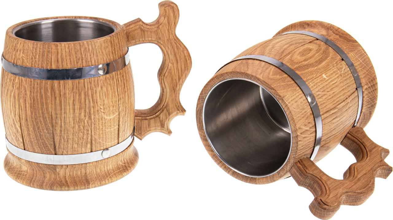 Holz Bierkrug mit Namen personalisiert Eiche geoelt mit Metallreifen Bierglas Edelstahleinsatz ca