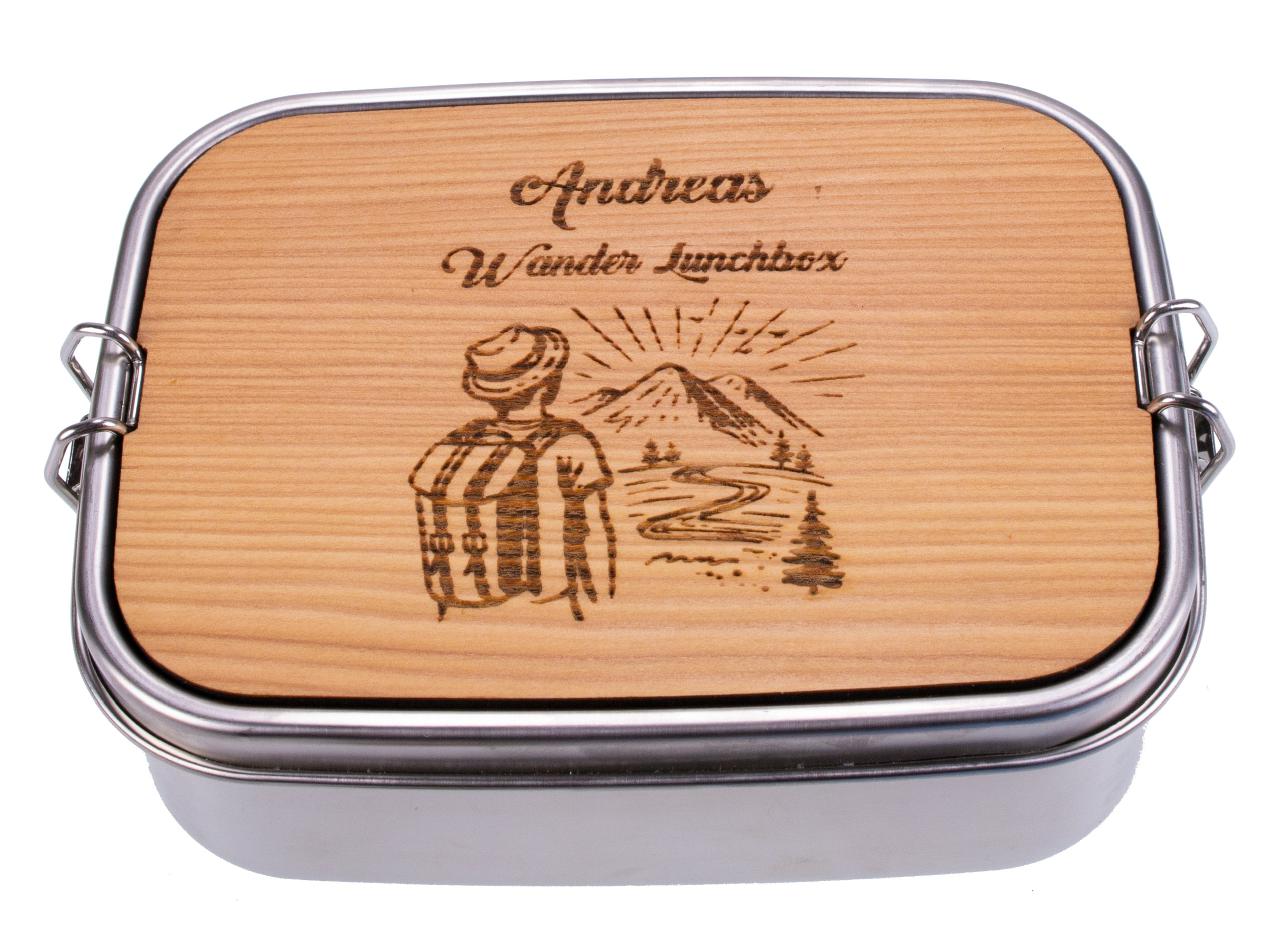 Lunchbox aus Edelstahl und Holz mit individueller Gravur Wander Brotbox mit Namen