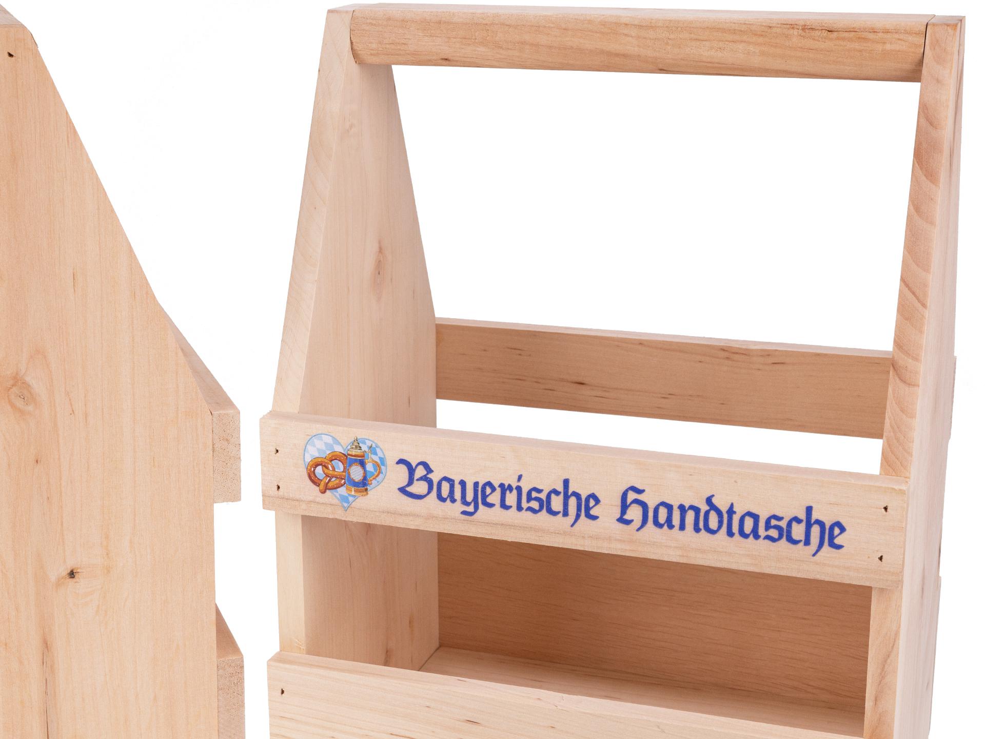 Holz Biertraeger aus Erle mit Bunt Druck: Bayerische Handtasche