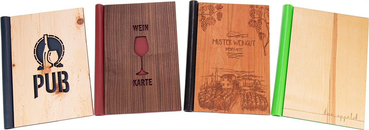 Hochwertige Holz Speisekarte Gaestebuch mit praktischem Klemmbinder System