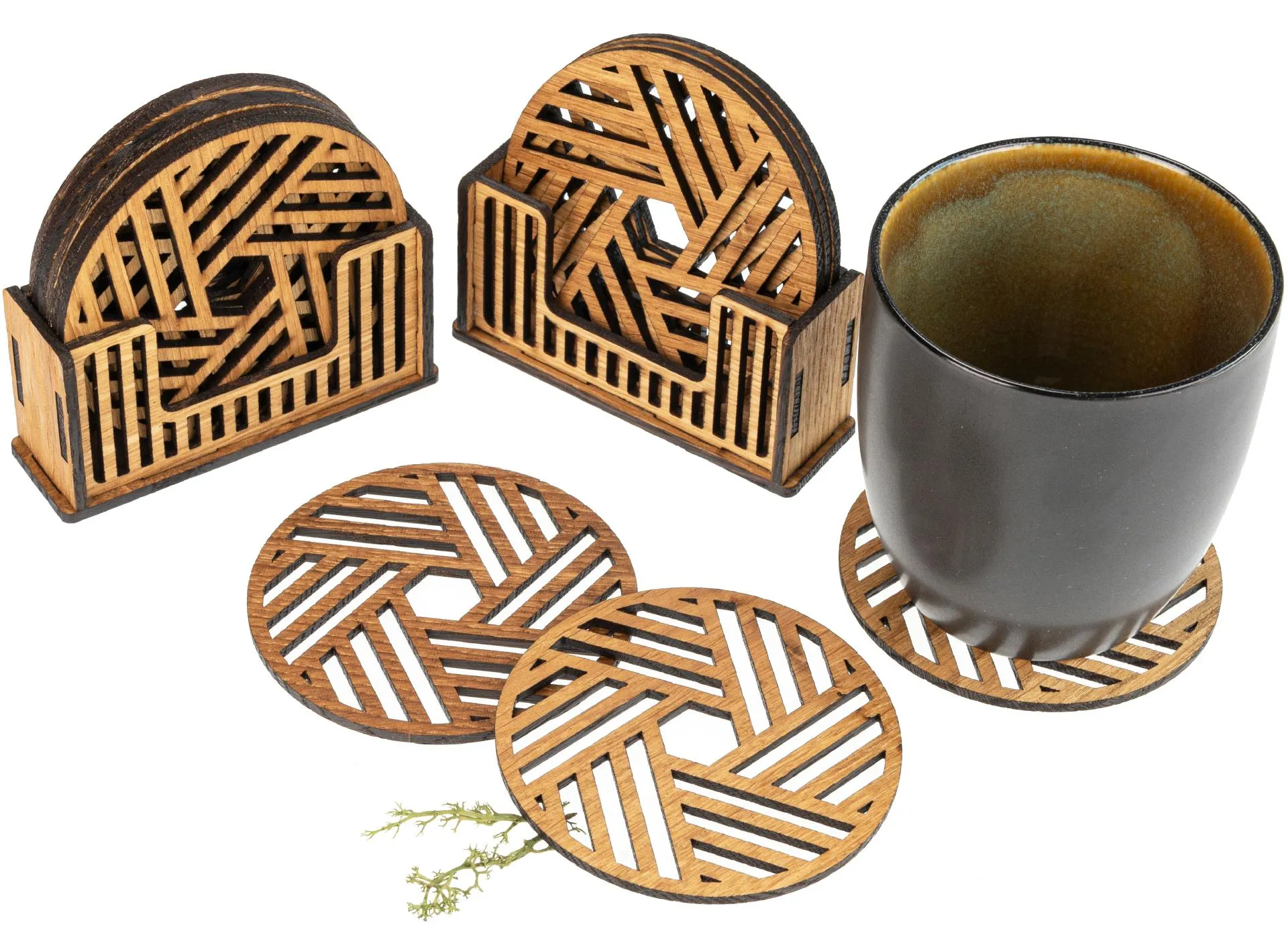 Glas Untersetzer 6er Set aus Eiche geölt mit geometrischen Motiv