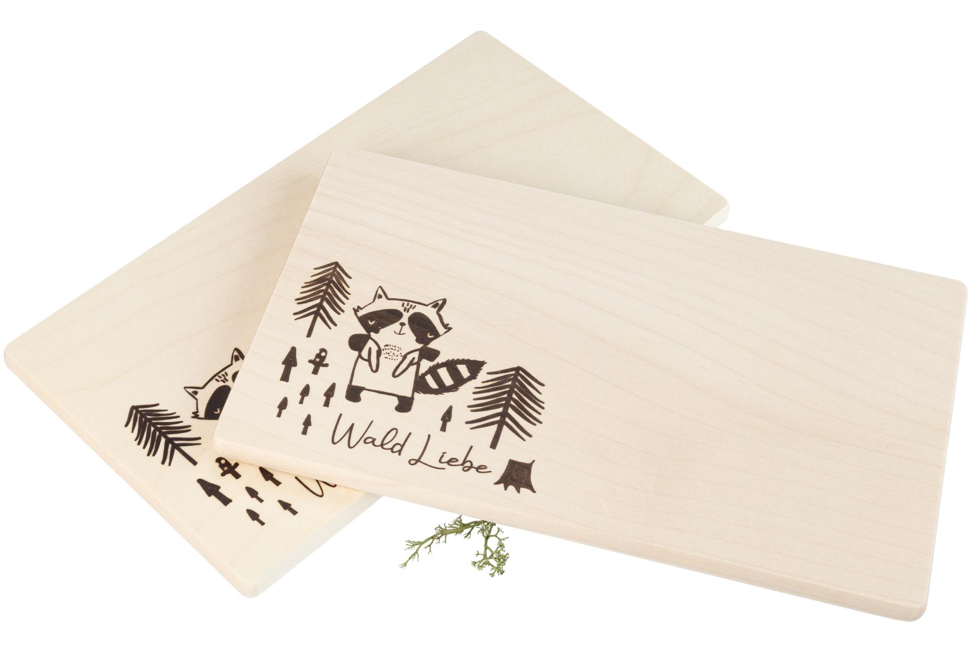Frühstücksbrett FSC® Ahorn 26 x 15 x 1,2 cm - Wald Liebe mit Waschbär
