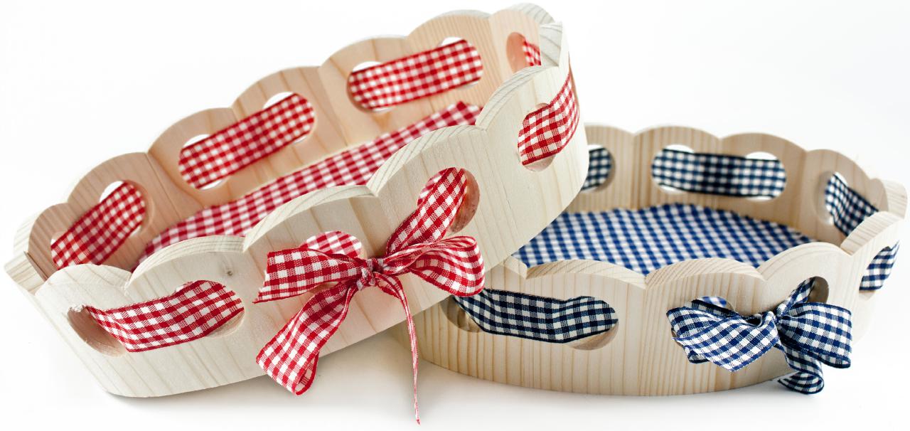 Holz Brotkorb Oval 28x21x6.5 cm mit Band und Stoff | grün/weiß
