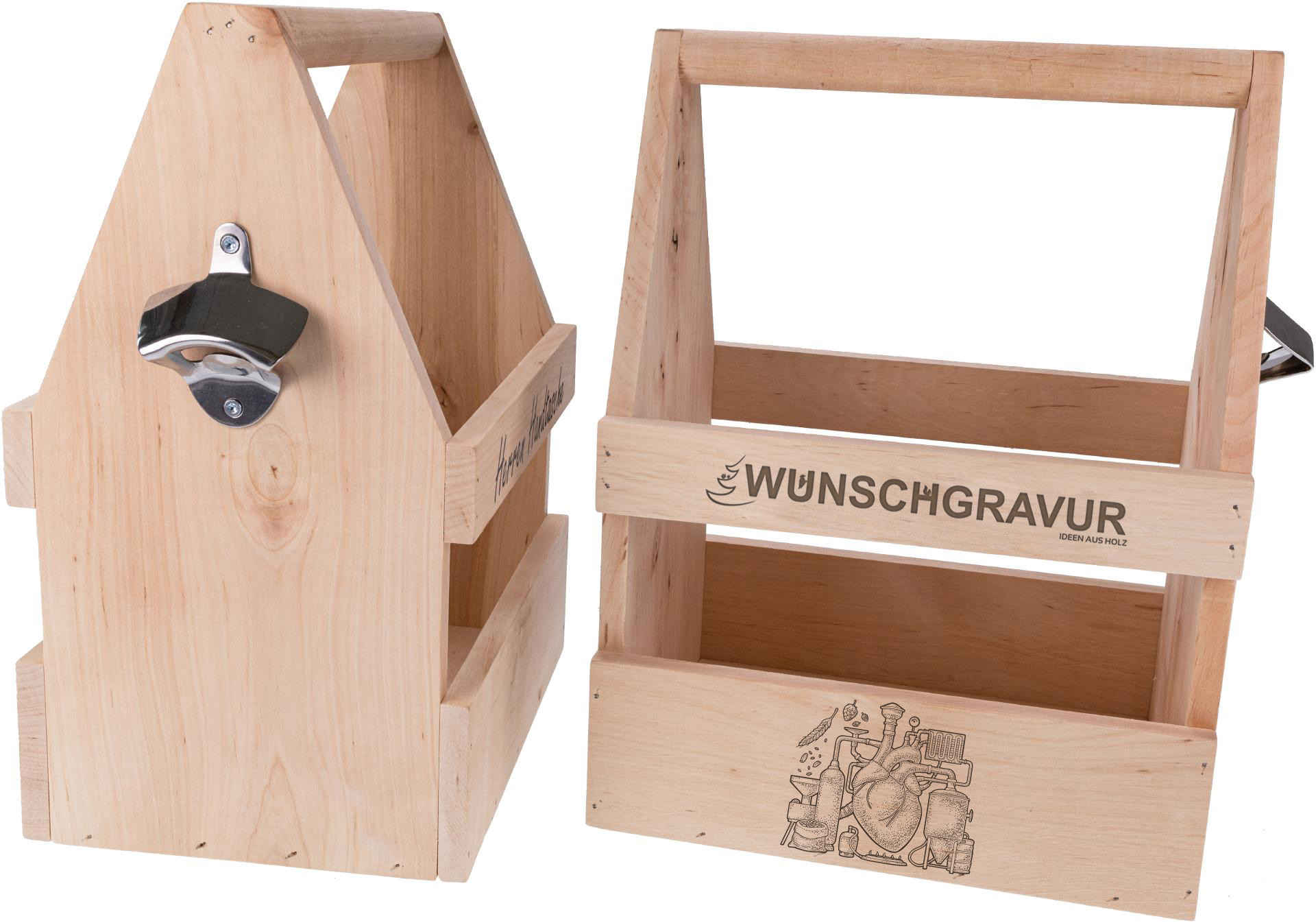 Holz Biertraeger mit Flaschenoeffner und Ihrer individuellen Gravur