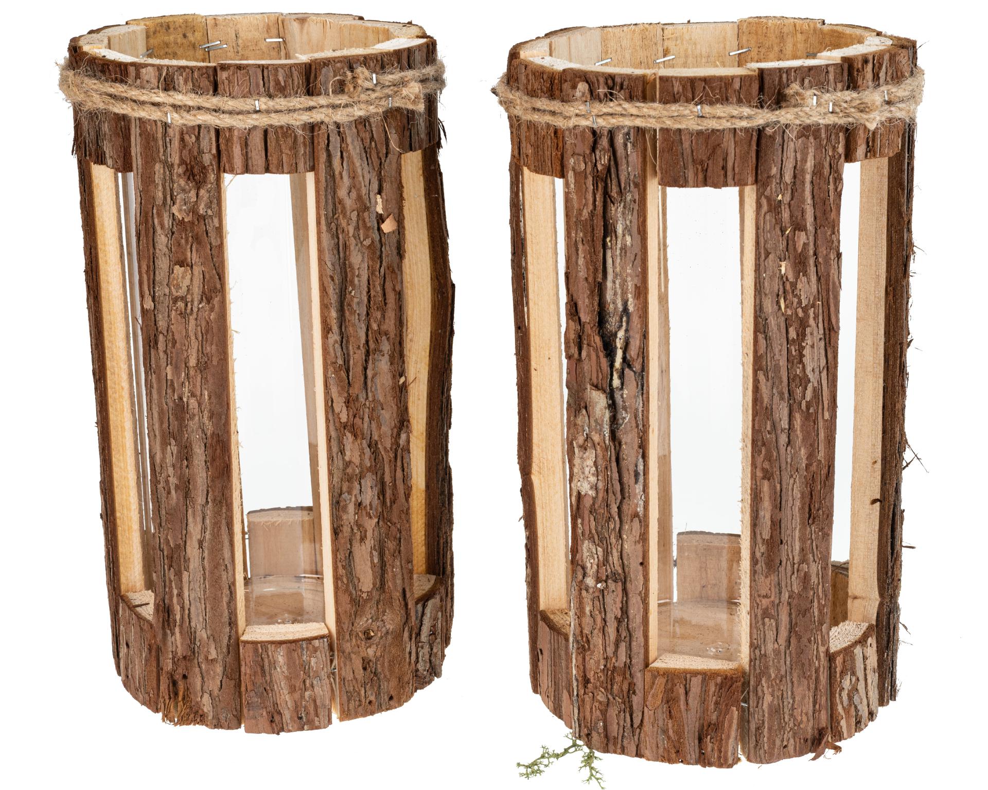 Rustikale Holz Laterne mit Rinde und Glaszylinder - Ausschnitt Rund 27x16 cm