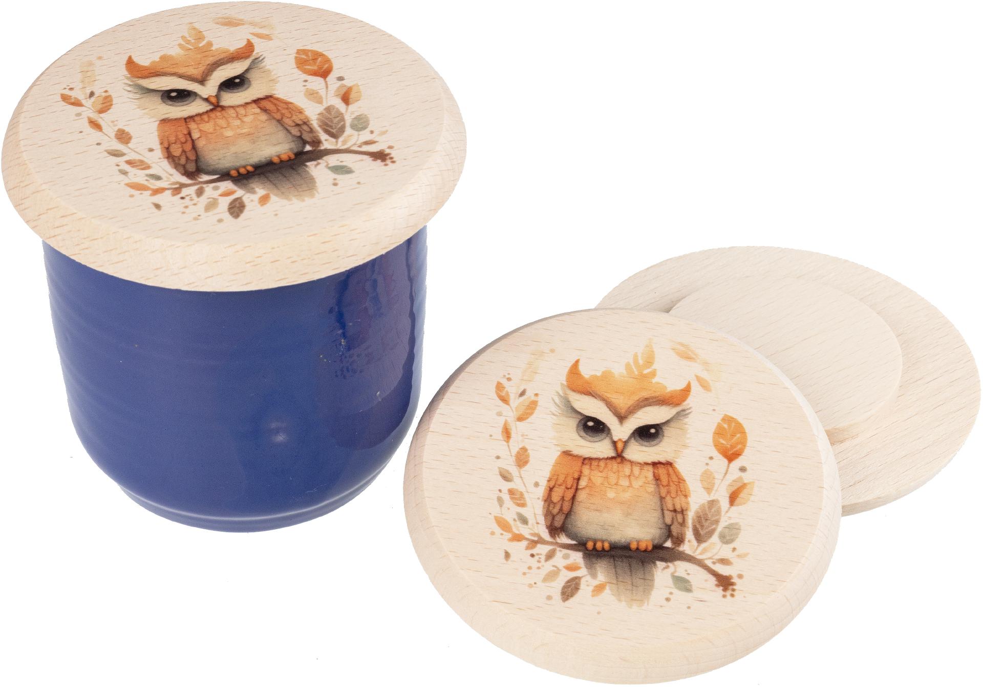 Glasabdeckung aus Buchen Holz fuer Kinder mit buntem Tiermotiv Eule
