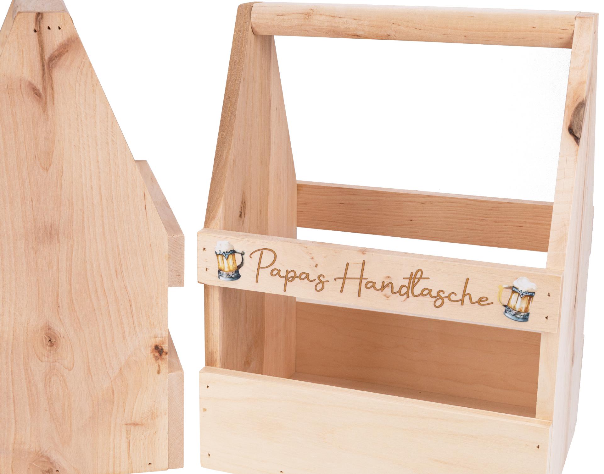 Holz Biertraeger aus Erle mit Bunt Druck: Papa s Handtasche