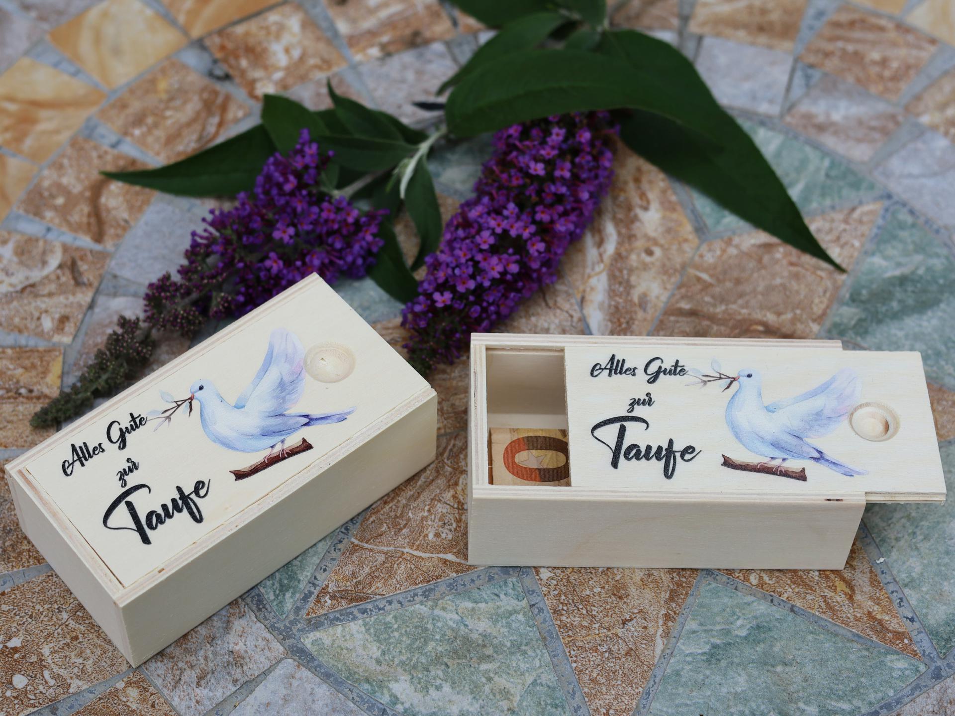 Holz Schiebedeckel Kiste fuer kleine Geschenke Alles Gute zur Taufe