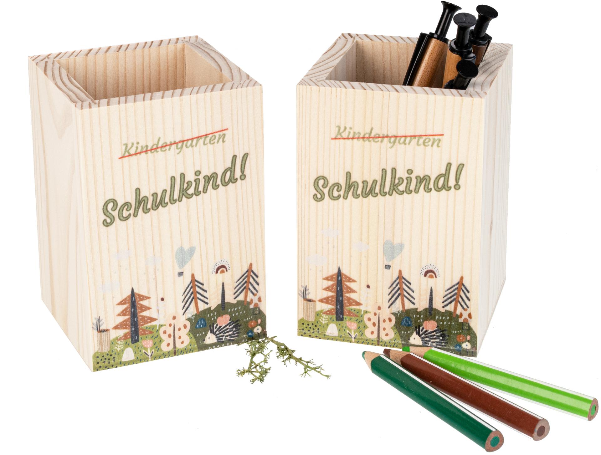 Holz Stiftebox "Schulkind" mit Waldtiermotiven | Ideal zur Einschulung