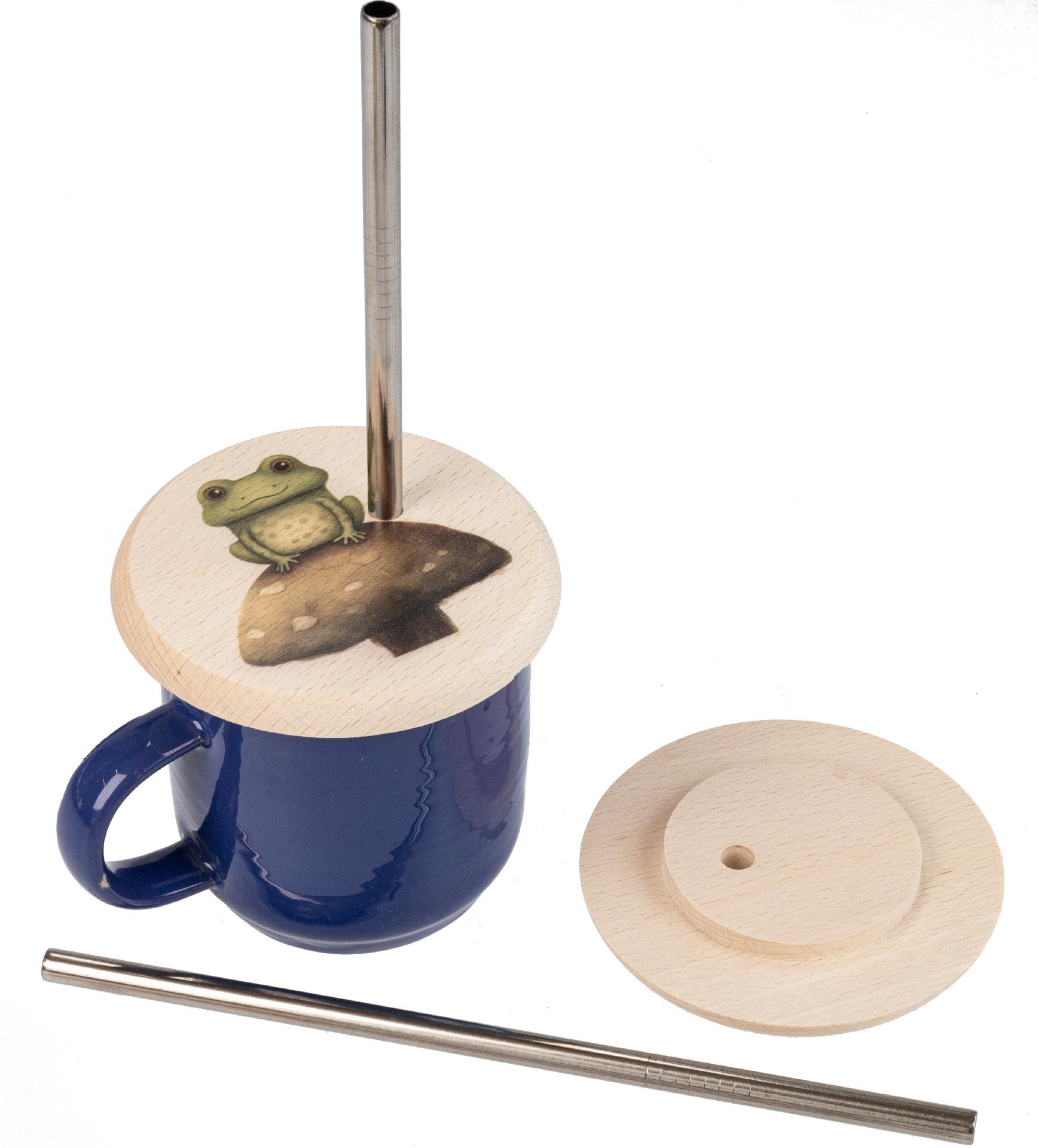 Glasabdeckung Buchen Holz mit VA Strohhalm mit buntem Tiermotiv Frosch
