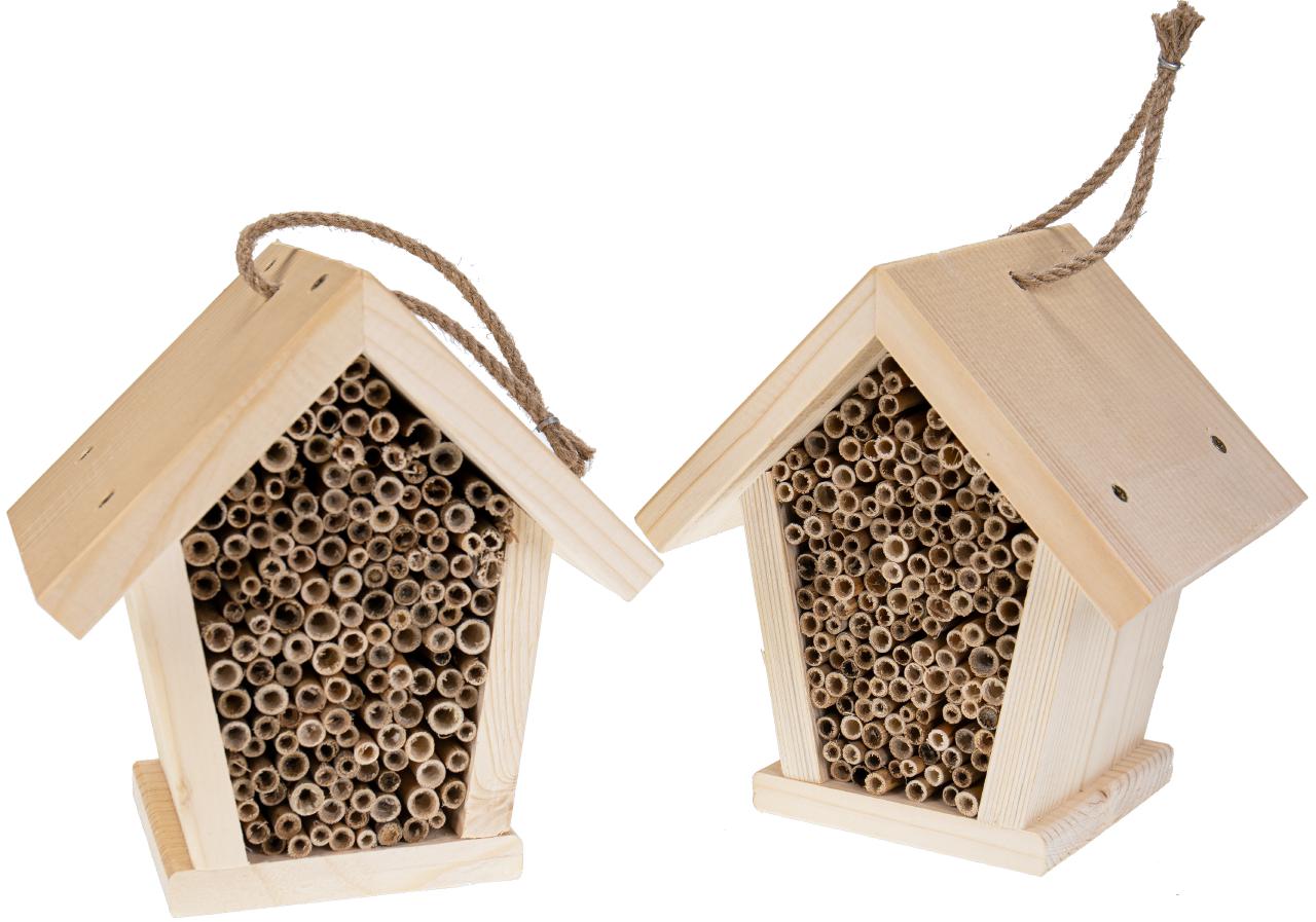 Natuerliches Wildbienen Hotel Insektenhaus aus Fichtenholz mit Schilf Roehrchen