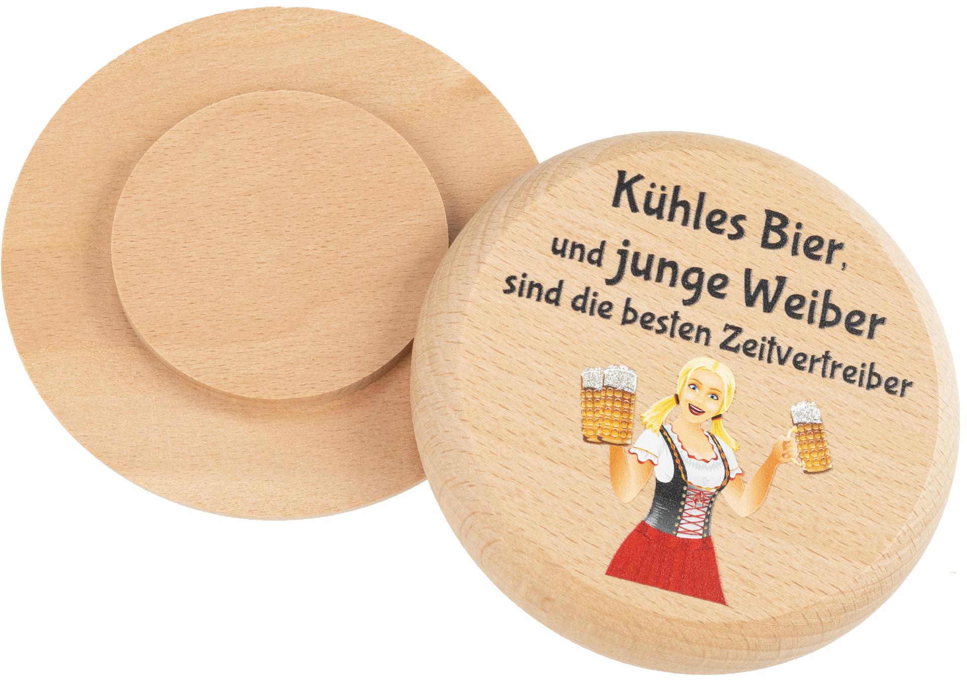 Bierdeckel aus Buchenholz mit Buntdruck Kuehles Bier und junge Weiber sind die besten Zeitvertreiber