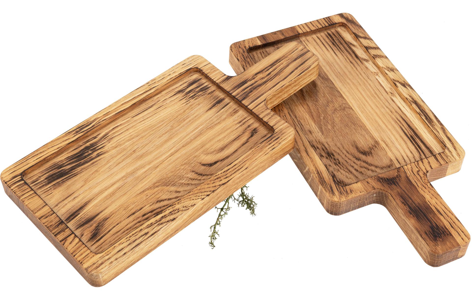 Holz Servierbrett - Tabelett mit Griff aus Eiche geölt und geflammt - 30 x 13,9 x 2 cm