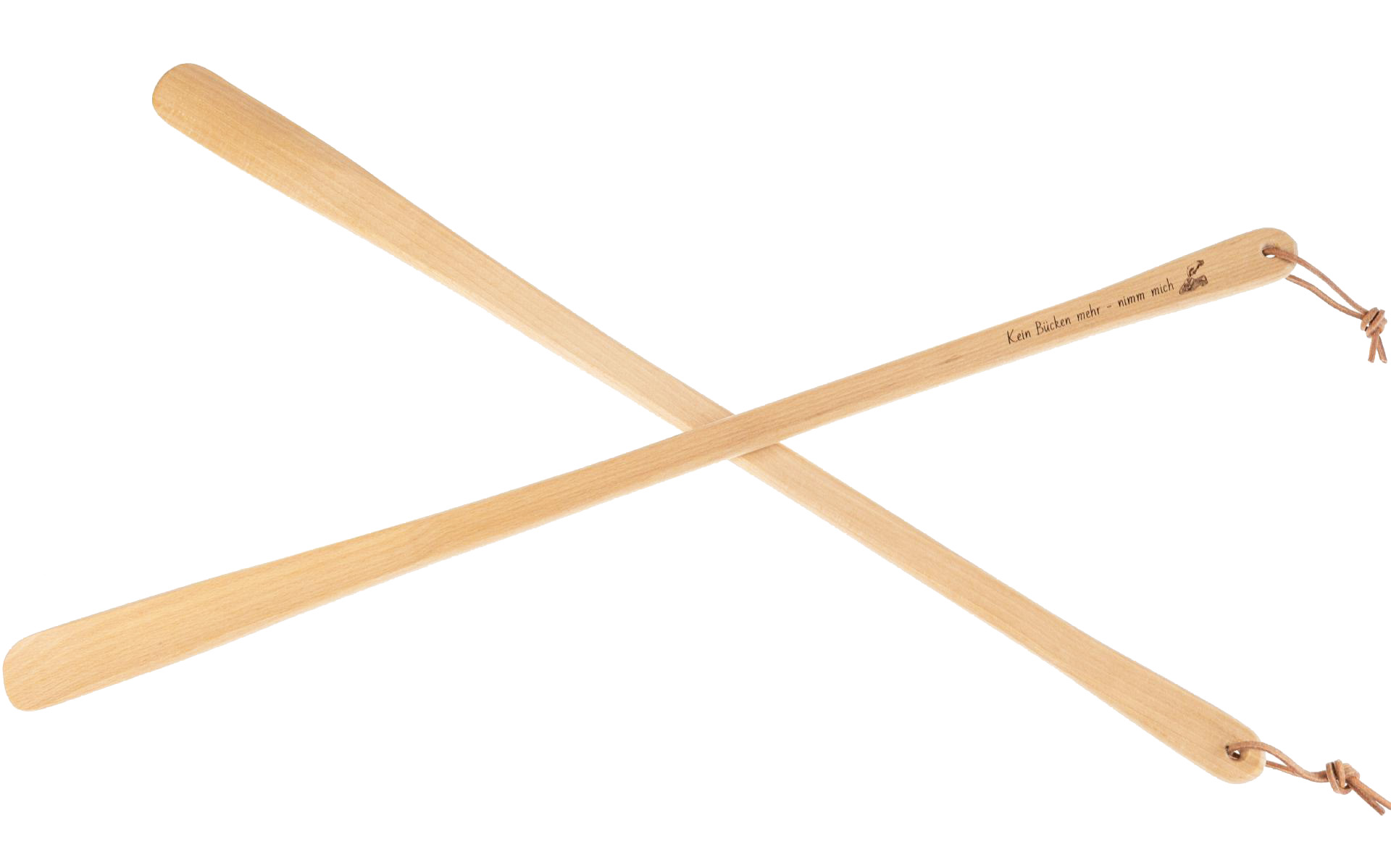 Holz Schuhlöffel | 65 cm mit Lederband | Gravur "Kein Bücken mehr, nimm mich"