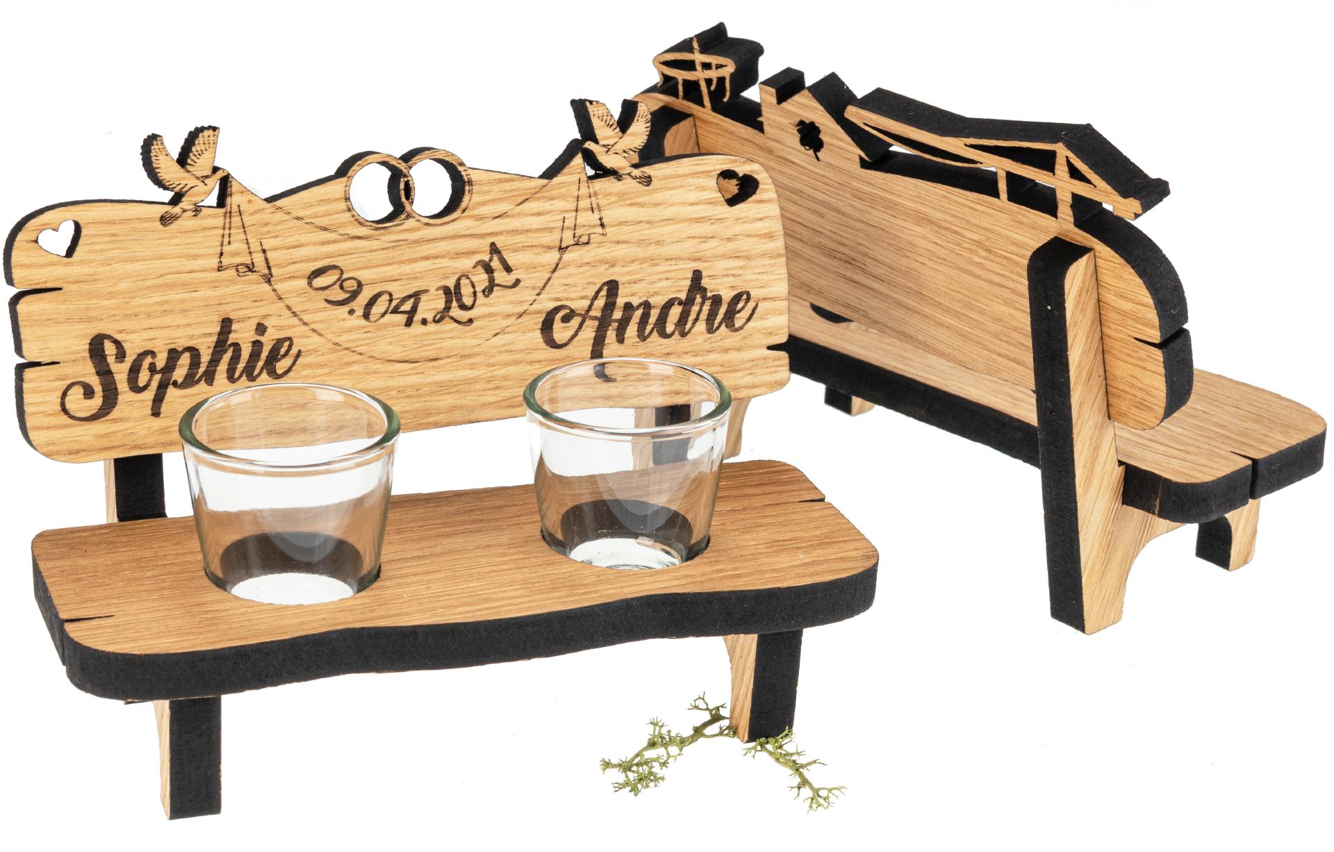 Hochzeitsgeschenk Holz Schnapsbank zur Hochzeit mit Wunsch Namen und zwei Stamperl
