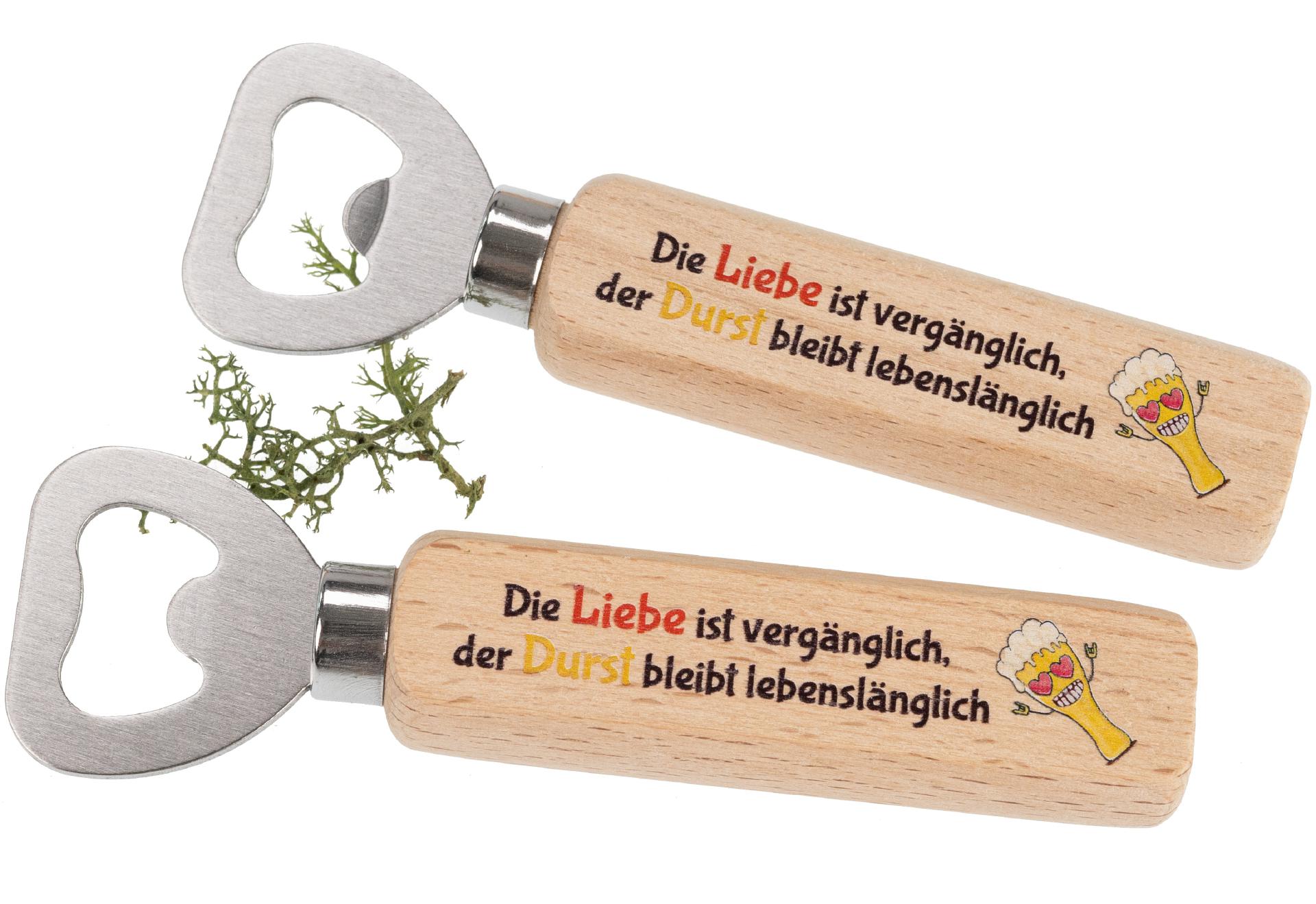 Flaschenöffner aus FSC® Buche mit Druck: Die Liebe ist vergänglich