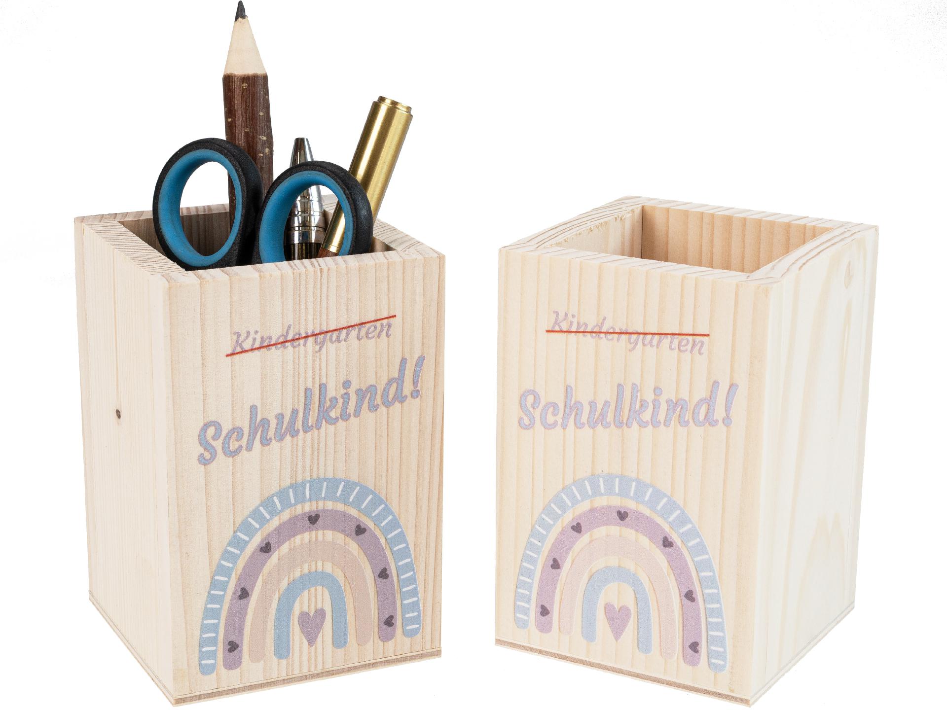 Holz Stiftebox "Schulkind" mit Regenbogenmotiv - Perfekt zur Einschulung