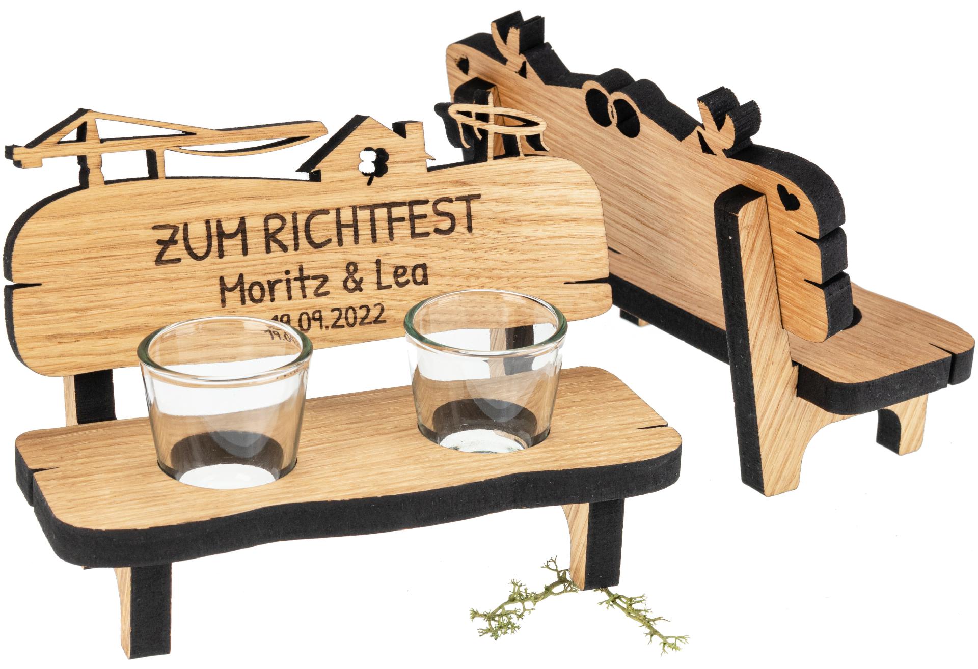 Geschenk zum Richtfest - Holz Schnapsbank Richtfest mit Ihren Namen und zwei Stamperl