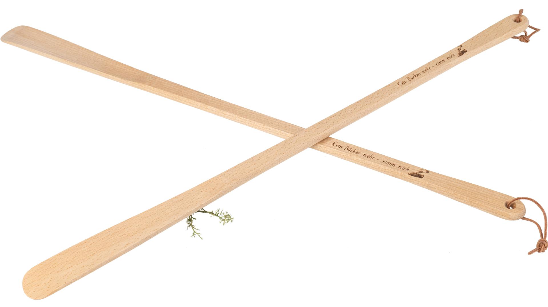 Holz Schuhlöffel | 65 cm mit Lederband | Gravur "Kein Bücken mehr, nimm mich"