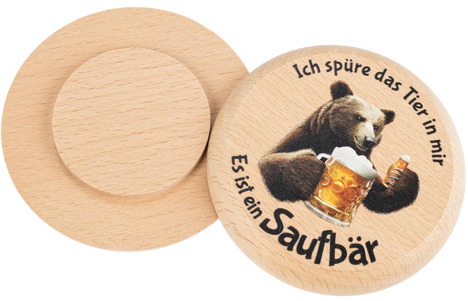 Bierdeckel aus Buchenholz mit Buntdruck Ich spuere das Tier in mir es ist ein Saufbaer