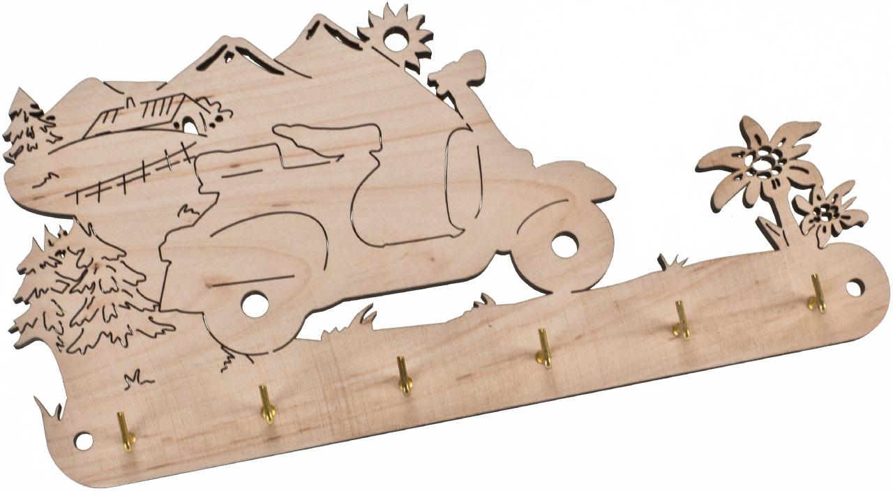 Schluesselbrett aus nachhaltigem Erlenholz Lasergeschnitte Form: Roller