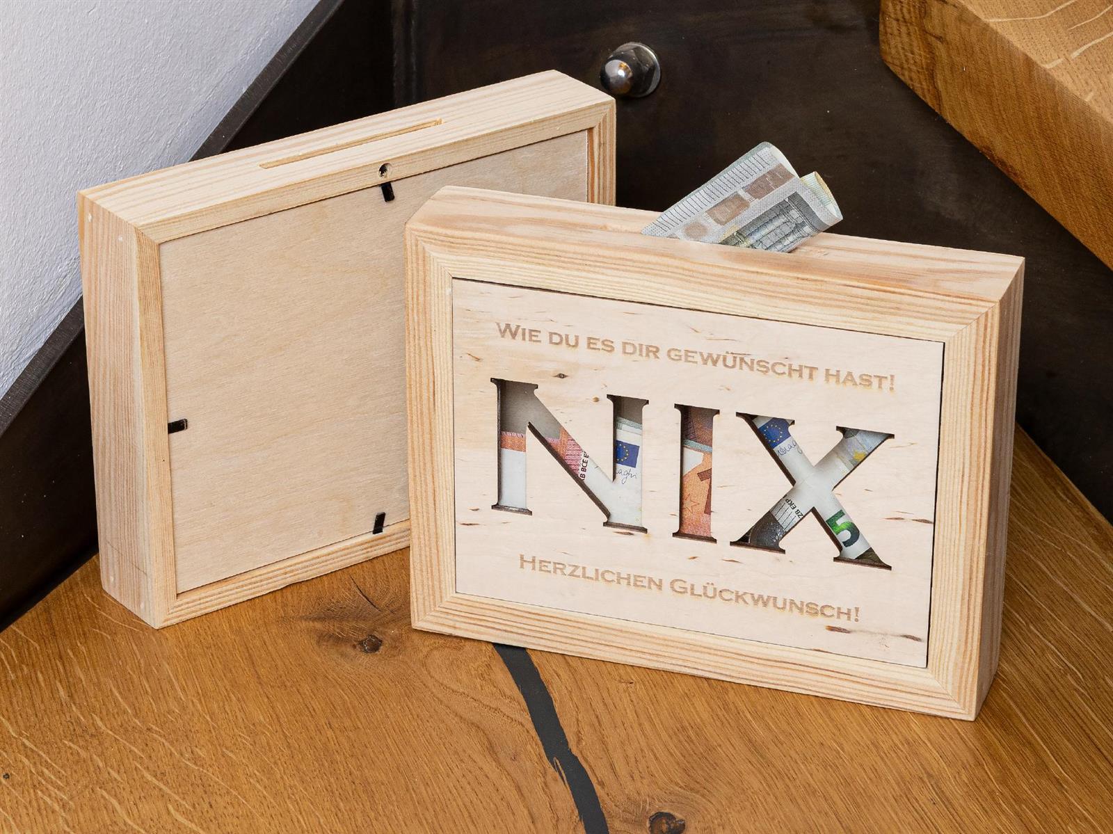 Sparkasse fuer die wo sich NIX wuenschen Holz Spardose Bilderrahmen mit Glas Einsatz und Muenzschlitz
