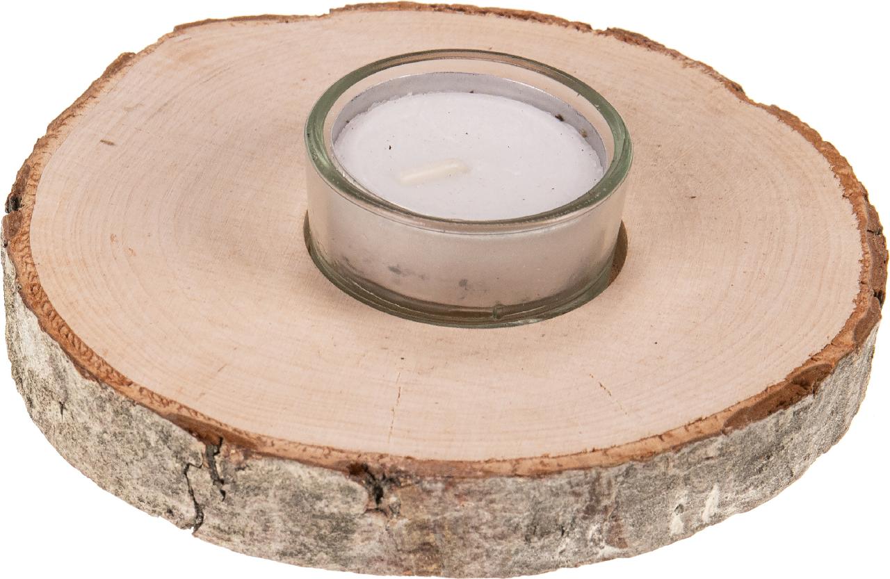 Rindenscheibe aus Erle mit Glaseinsatz und Teelicht - D 9-12 cm