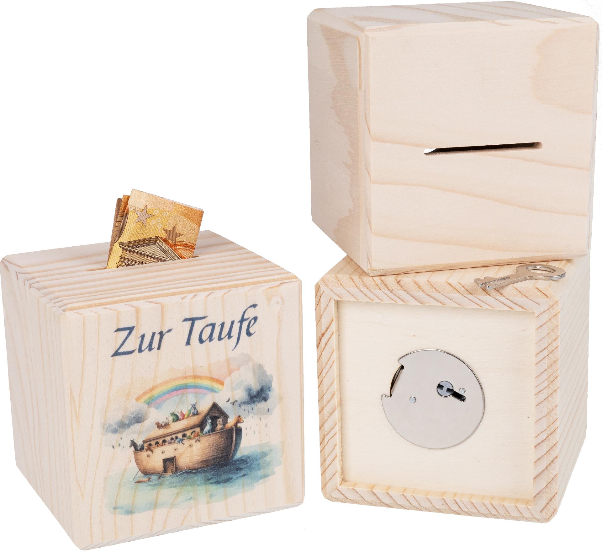 Holz Spardose Wuerfel mit Metallschloss UV Druck Zur Taufe mit Arche Noah