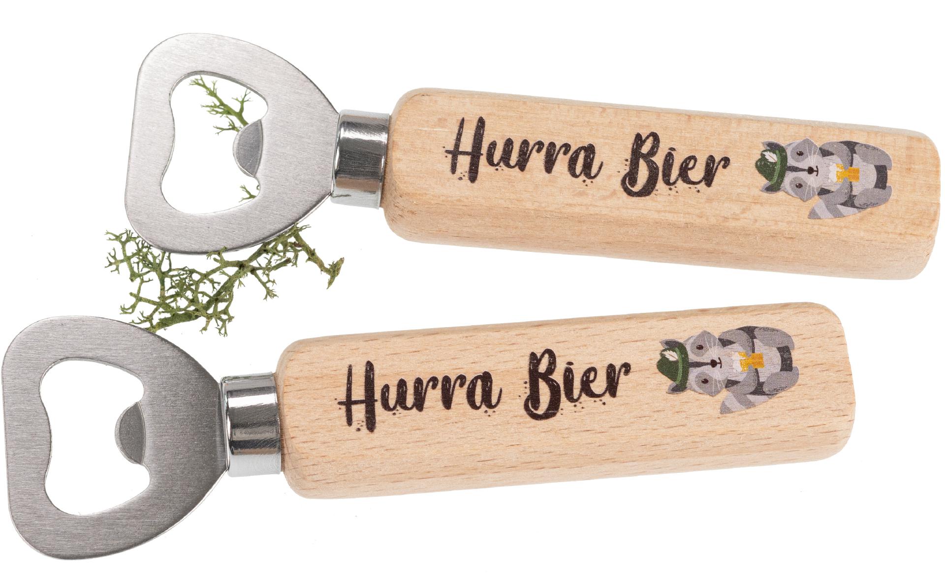 Flaschenöffner aus FSC® Buche mit Druck: Hurra Bier