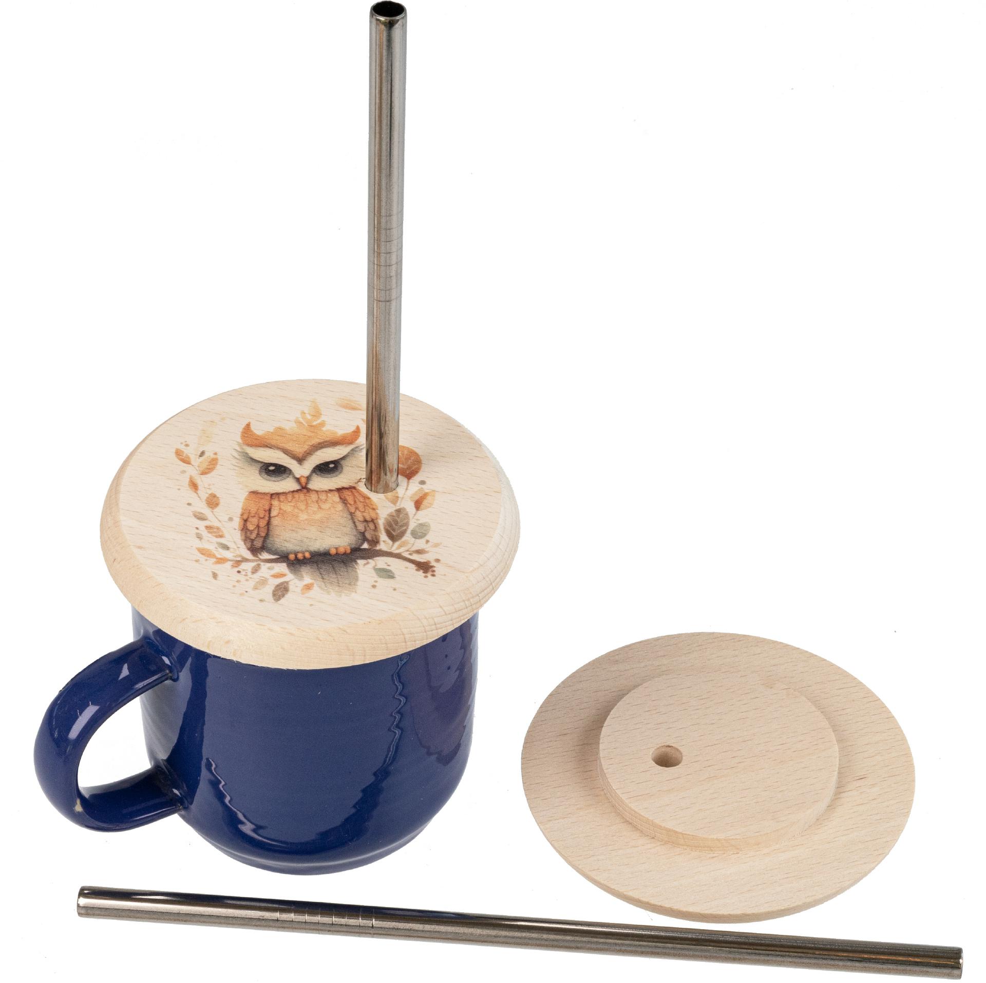 Glasabdeckung Buchen Holz mit VA Strohhalm mit buntem Tiermotiv Eule