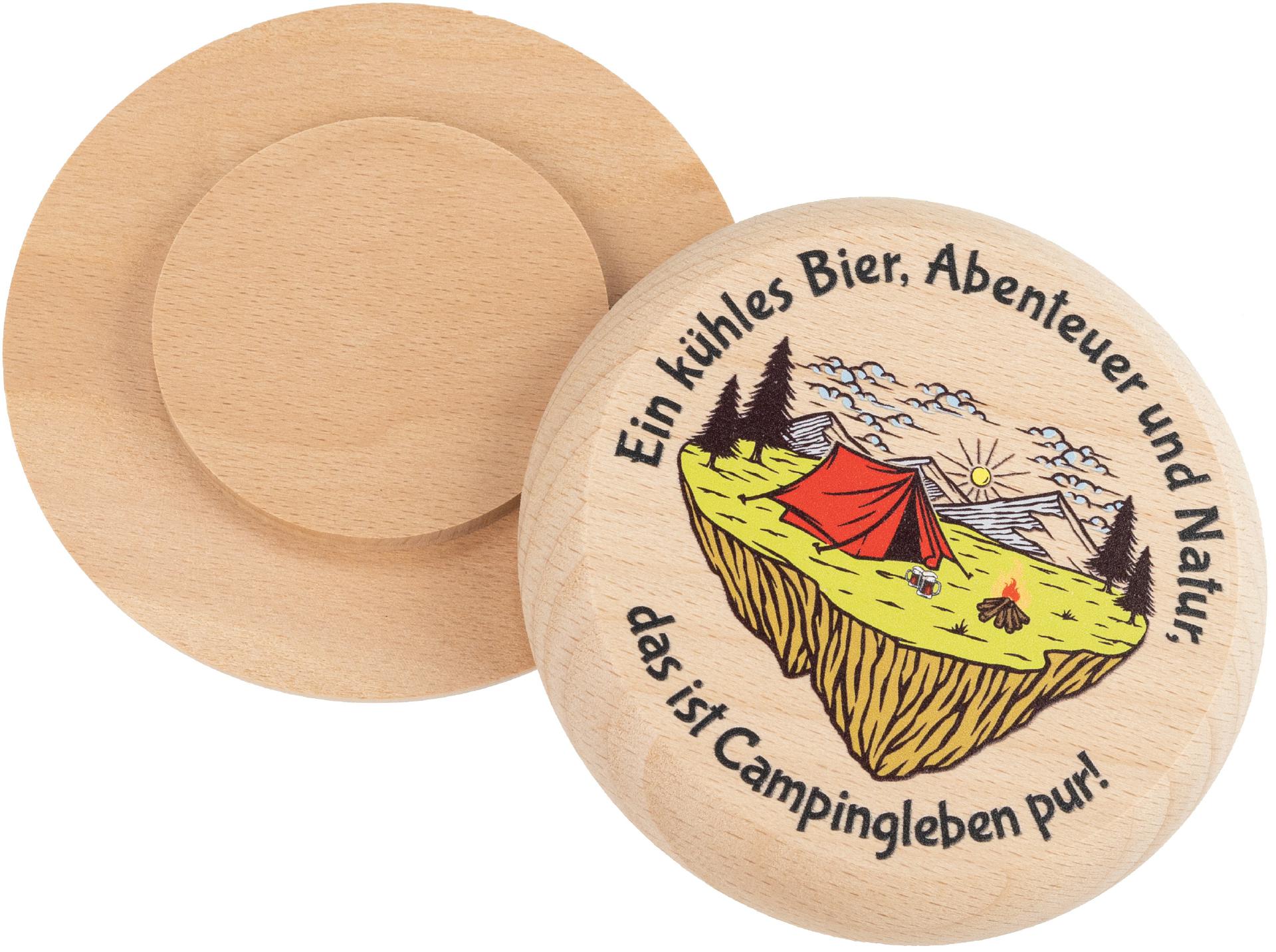 Bierdeckel aus Buchenholz mit Buntdruck Ein kuehles Bier Abenteuer und Natur das ist Campingleben pur