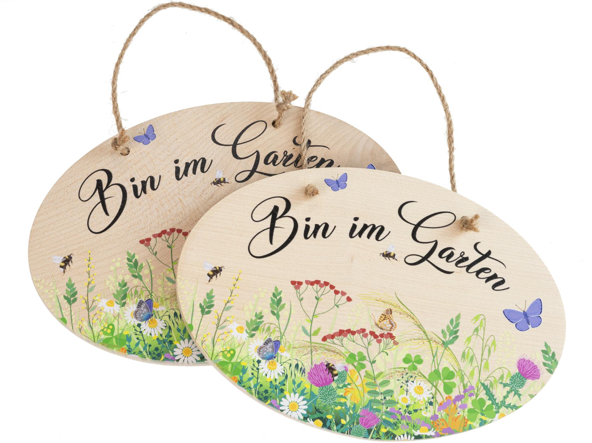 Türschild aus Ahornholz - 19,5 x 13,5 x 1 cm - Buntdruck "Bin im Garten"