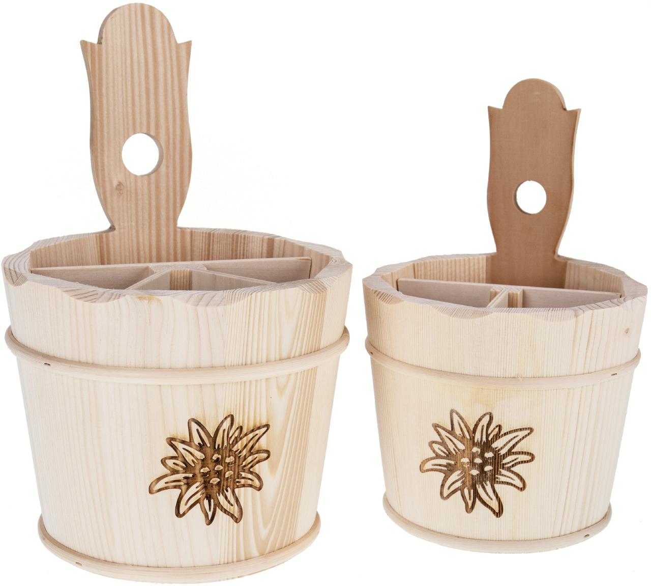 Besteckbehälter aus Fichtenholz roh Ø14 cm Höhe 20cm - Edelweiß Gravur