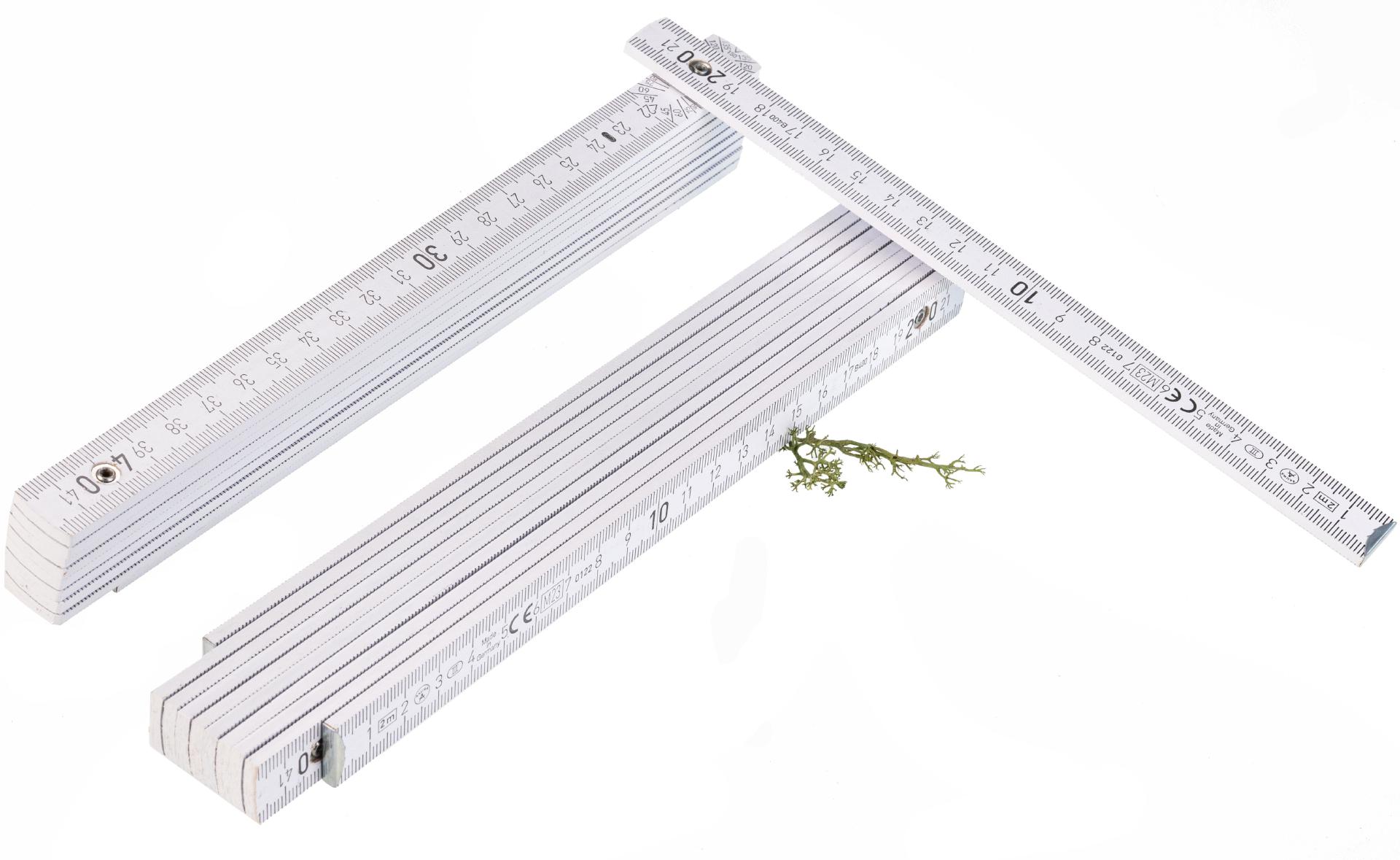 2 Meter Zollstock / Meterstab - Weiß lackiert - mit Winkelanzeige und Einrastung
