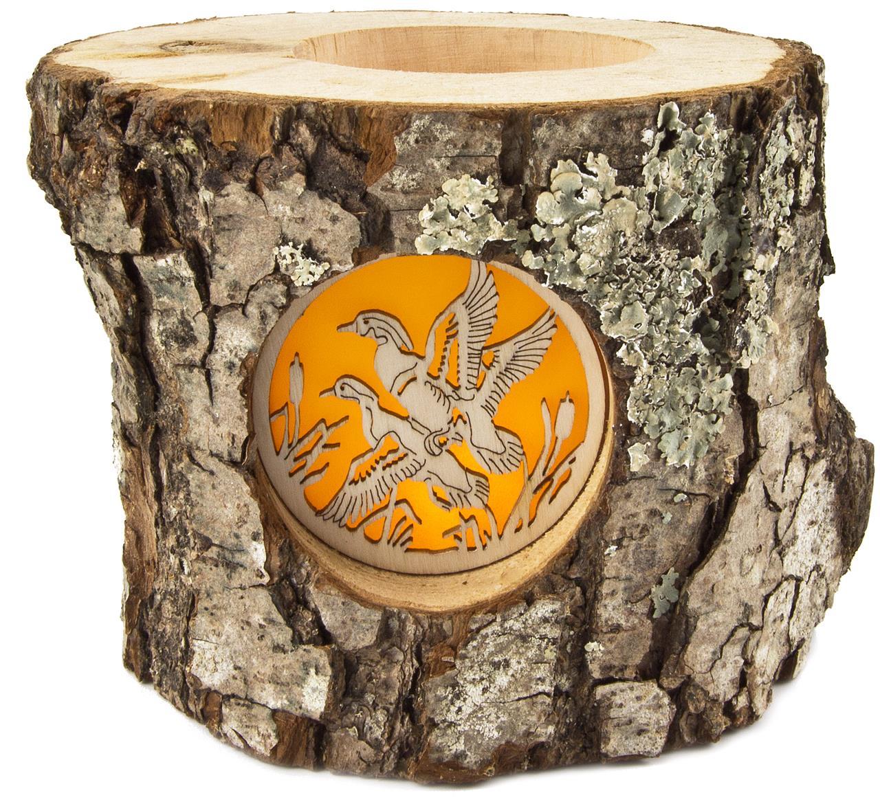 Holz Windlicht mit Rinde und hinterleuchteten Motiv Stimmungsleuchter Enten